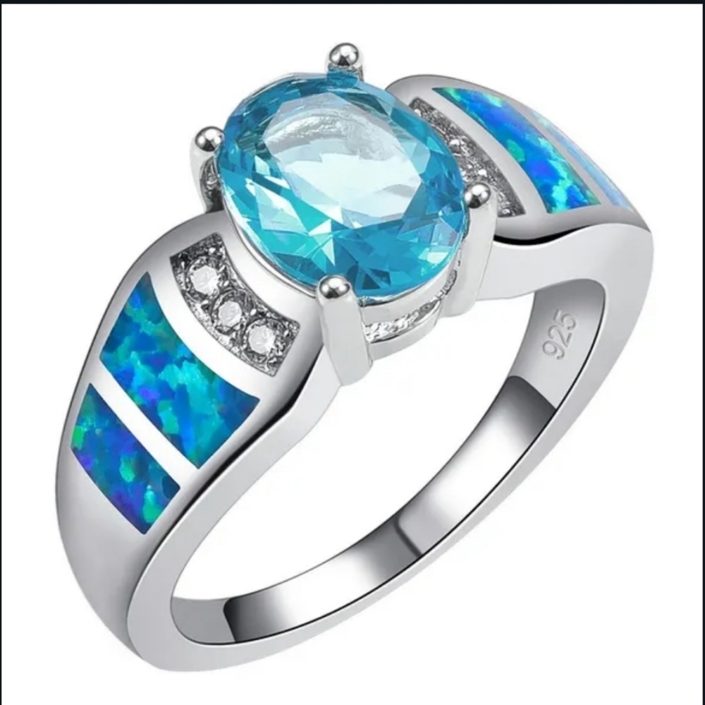 New Blue Fire Opal Aquamarine Gemstone 925 S.S Ring